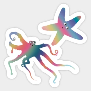 Happy Little Sea Creatures, Rainbow Colors, Octopus and Starfish Duo, Digital Illustration Sticker